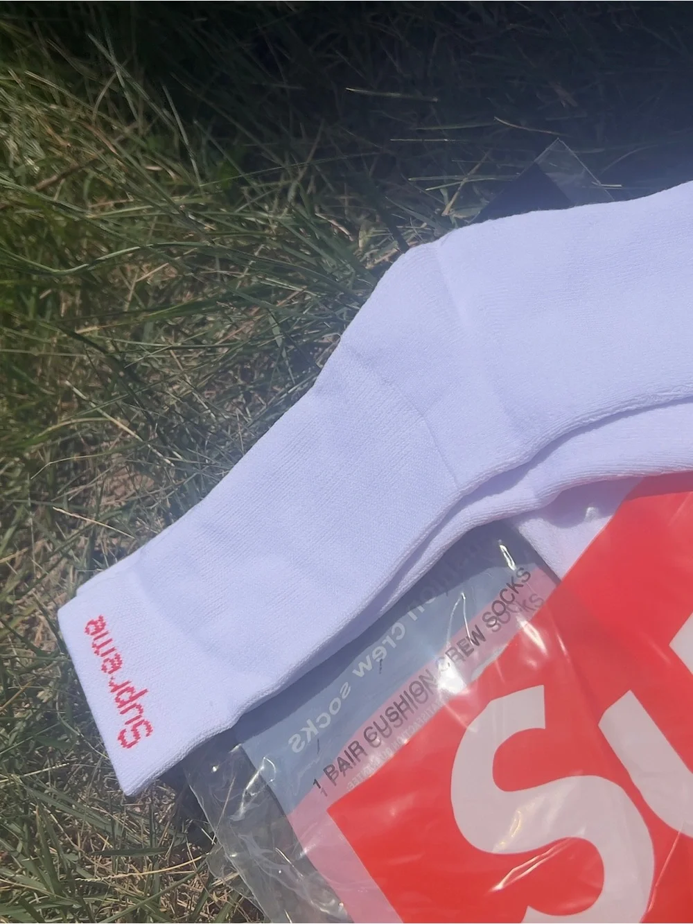 Supreme White Crew Socks with Red Logo